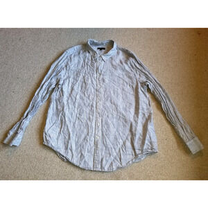 Womens Top-QUINCE-blue/white striped 100% linen button-up collared ls-XL